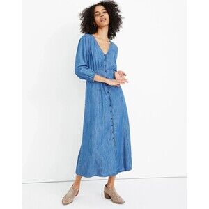 Madewell Denim Pieced-Waist Midi Dress in Mariden Wash Size 12 Women's V Neck